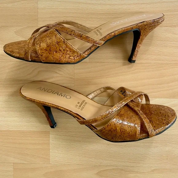 Andiamo Women's Patent Cork Slip On Strappy Heels Wrap Sandals Open Back, Brown - Picture 2 of 9